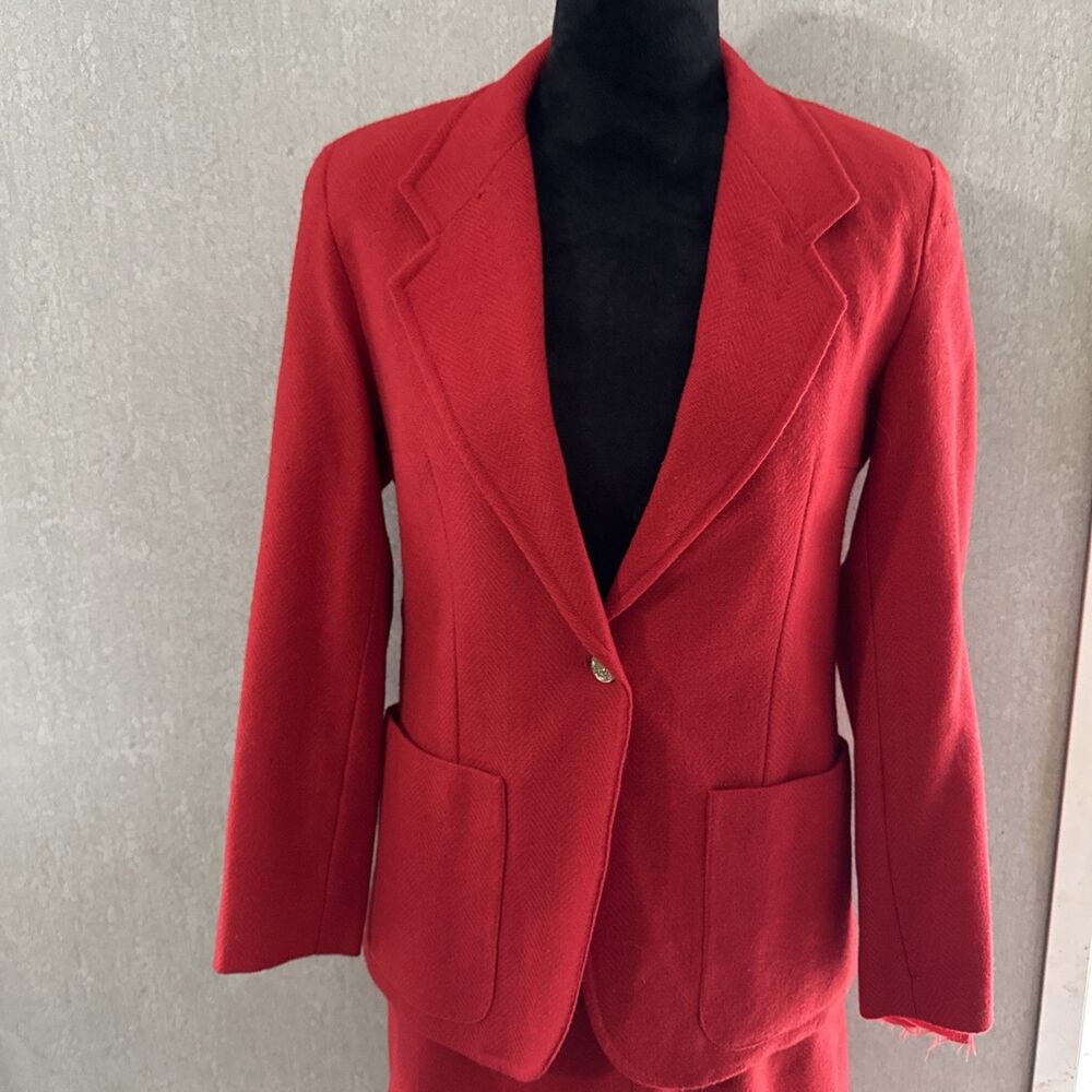 70’s Vintage Red Retro Jacket Skirt Suit Piece Set Blazer Skirt Wool Home Sewn